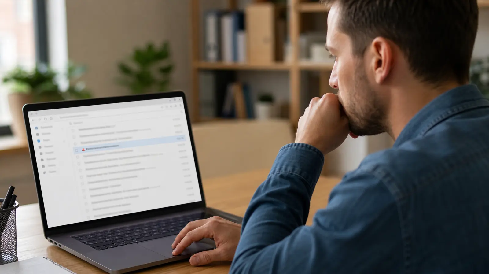Concerned office worker reviewing a suspicious phishing email — a key cybercrime South Africa 2026 attack vector